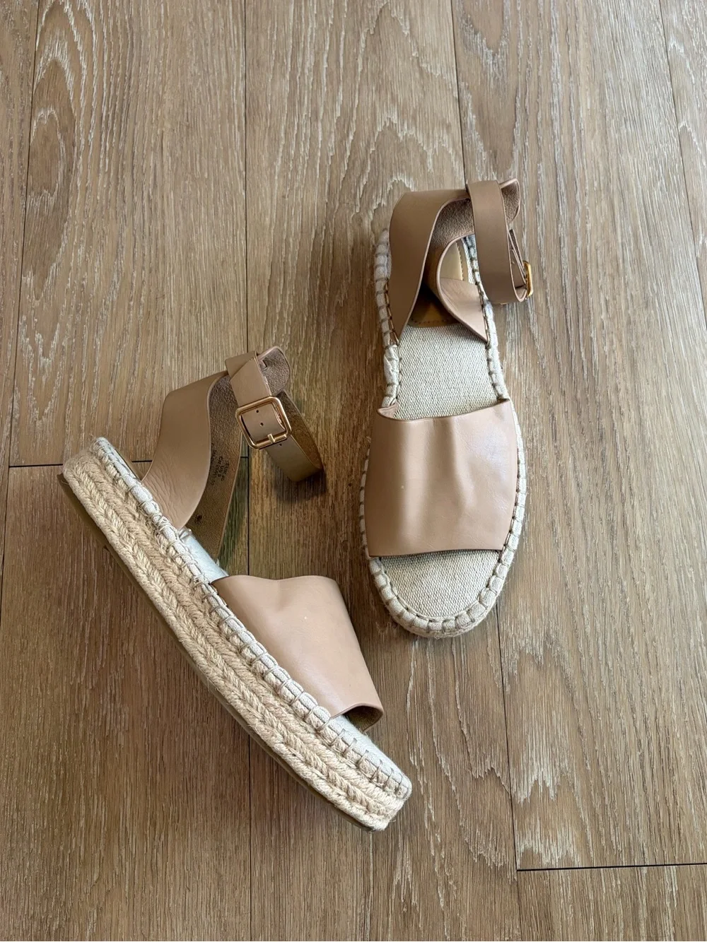 H&M Beige Leather Espadrille Sandals w/ Ankle Buckle